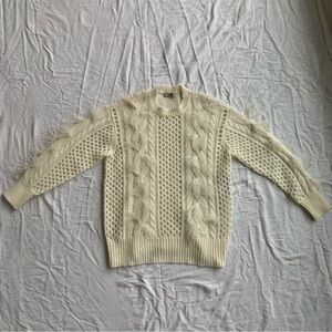 Twinset Milano Cream Cable Knit Wool Blend Oversized Sweater with Feathers